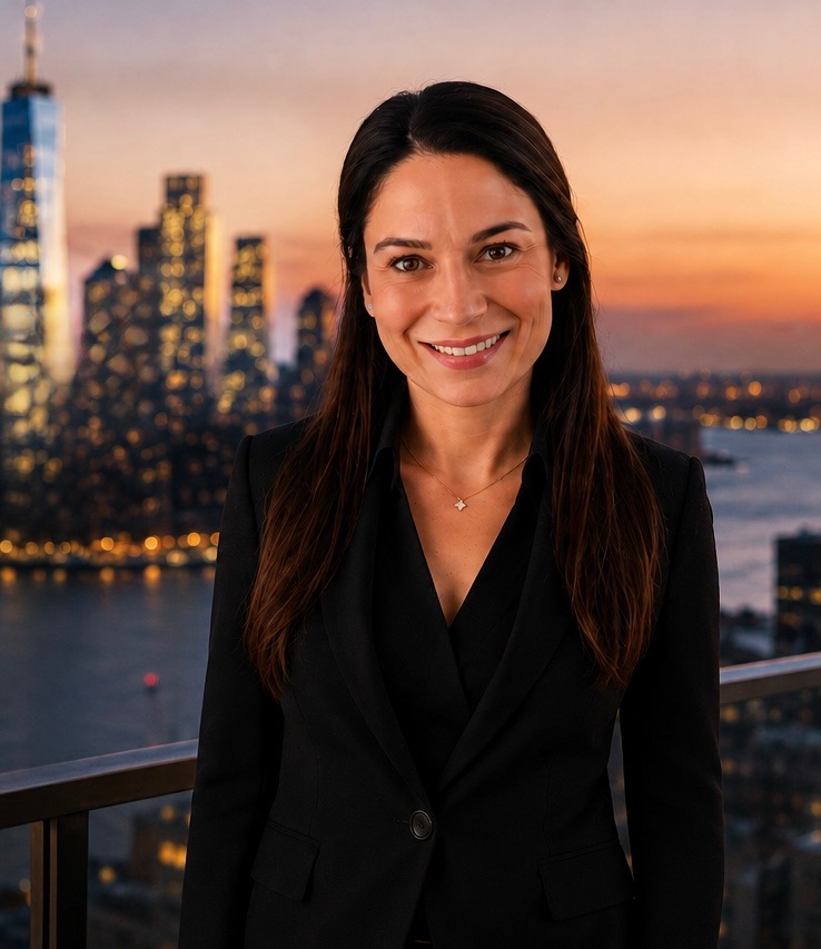 Baine Dawson, MA, LMFT, with the New York City skyline behind her